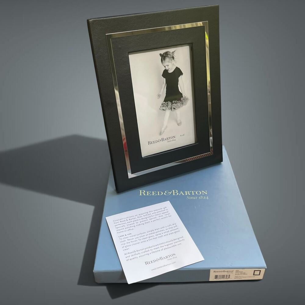 NIB Reed & Barton 4x6 Bretton Picture Frame Black Leather Silver Look Modern Man